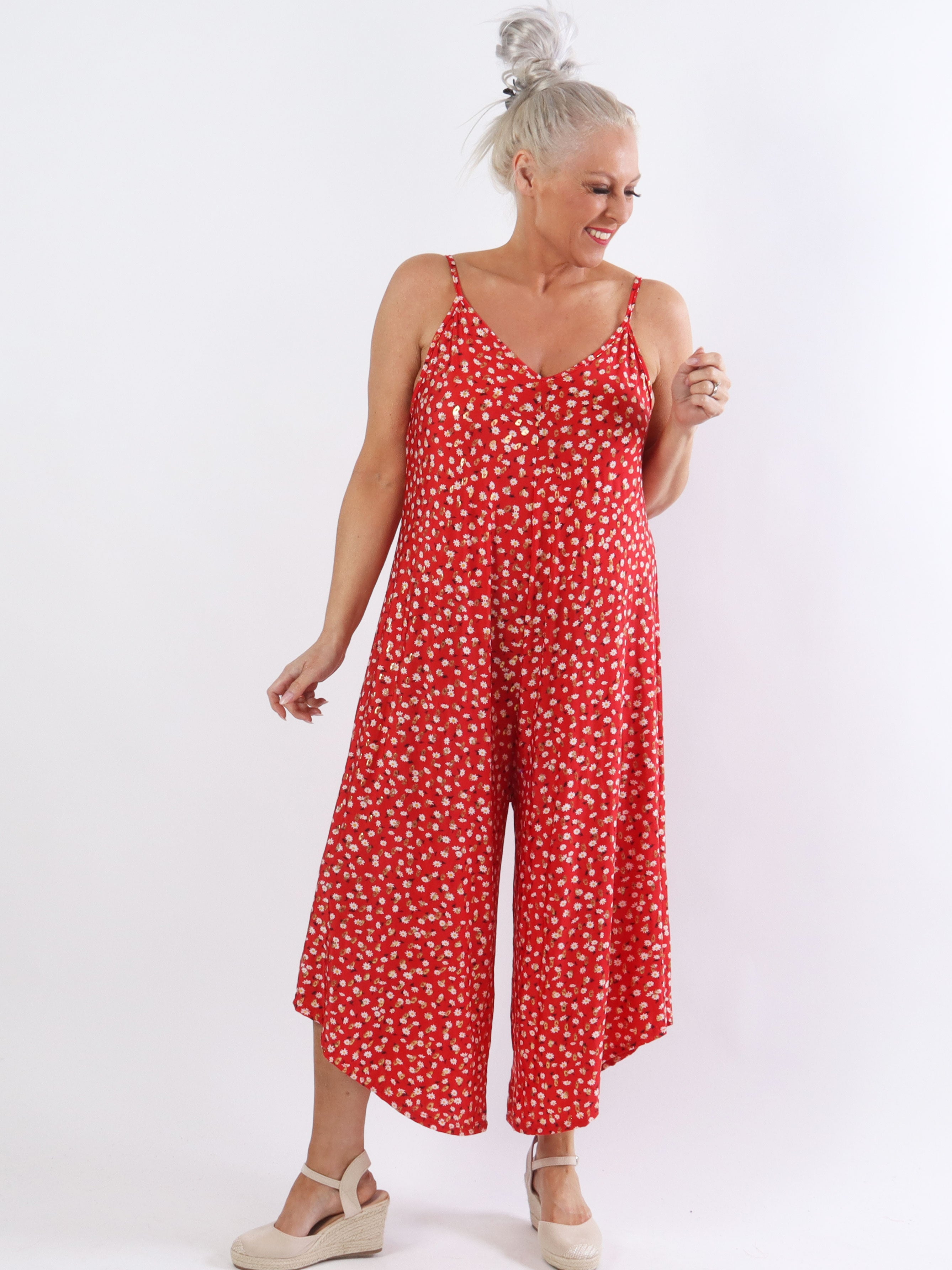 Felicia flower - Plus size buksedragt med vide ben i stretchty stof